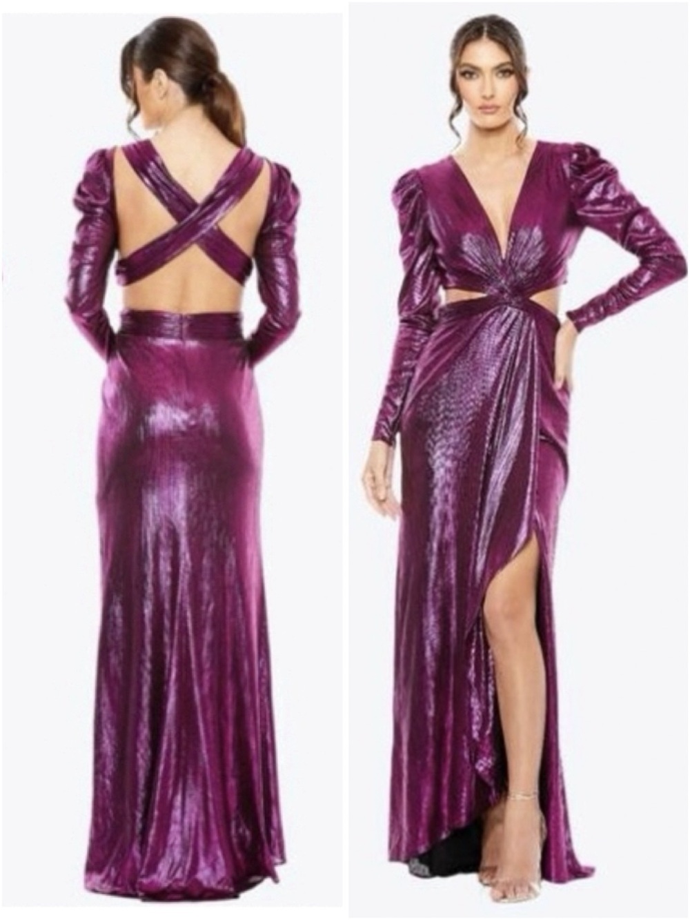 NWT Mac Duggal Princess Sleeve Cut Out Metallic Gown in Fuchsia - $498